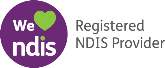 Purple logo with green heart reads "We love ndis." Text beside says "Registered NDIS Provider.