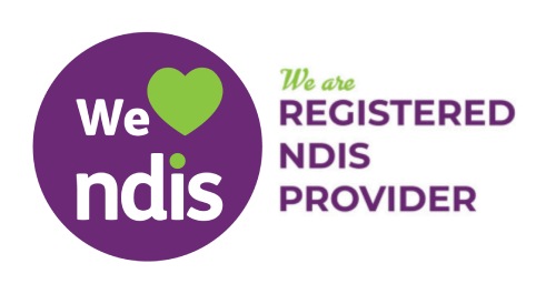 Purple logo featuring a green heart and the text "We love ndis." On the right, it reads "We are REGISTERED NDIS PROVIDER.