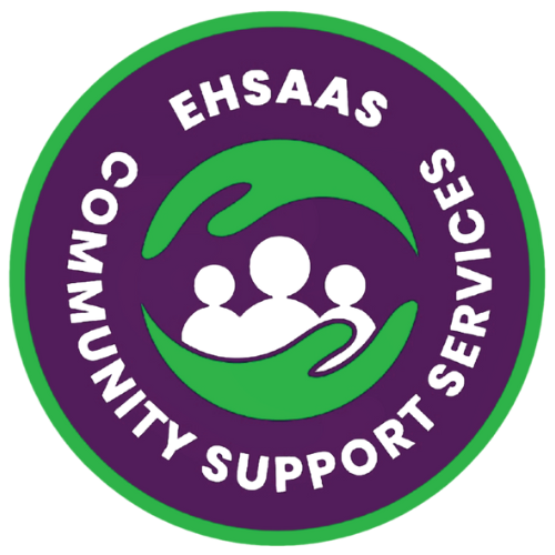 Logo of Ehsaas Community Support Services: three silhouettes inside a green circle held by two hands, with purple background and text border.