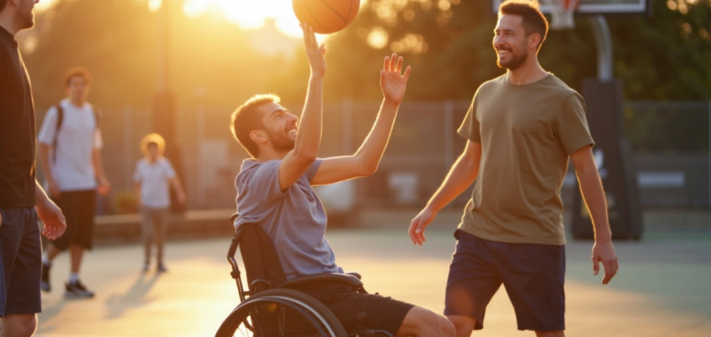 A man in a wheelchair spins a basketball, smiling with another man on an outdoor court. Others are playing in the background.