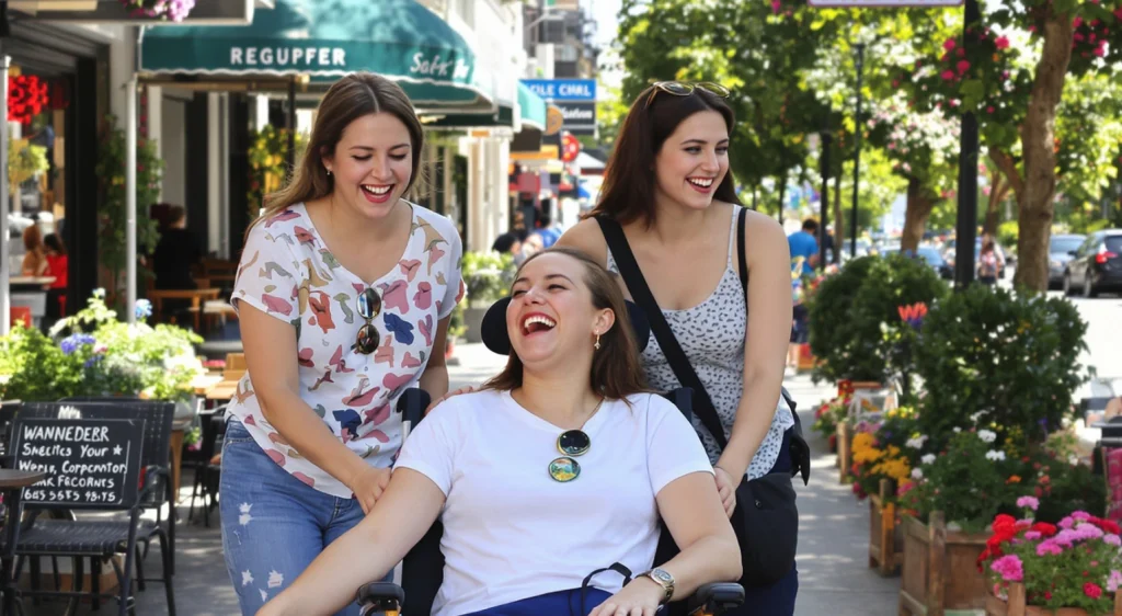 Three women enjoying a walk on a sunny street, surrounded by flowers and shops. One is in a wheelchair, laughing, while the other two walk beside her.