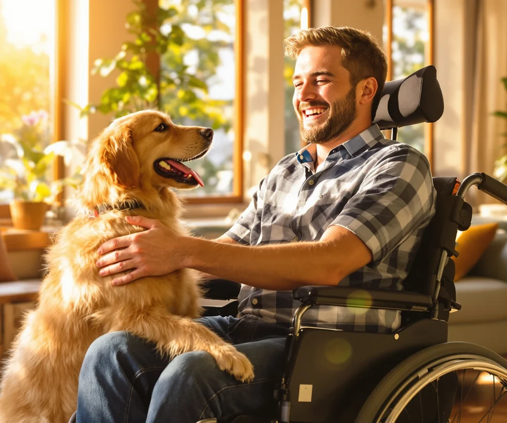 A man in a wheelchair smiles while petting a Golden Retriever inside a sunlit room.