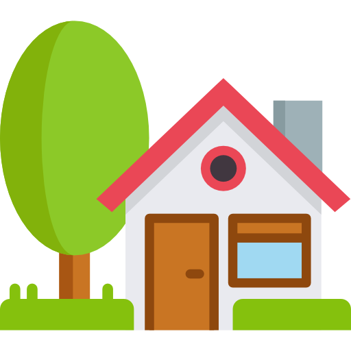 Illustration of a small house with a red roof, one window, a brown door, and a chimney. A large green tree stands to the left of the house.